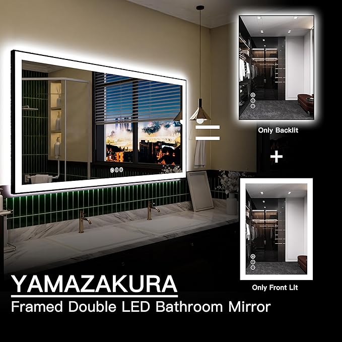 LED Bathroom Mirror 55x30 with Backlit and Front Lighted, Framed Dimmable Illuminated Mirror for Wall Anti-Fog Shatterproof (Horizontal/Vertical)