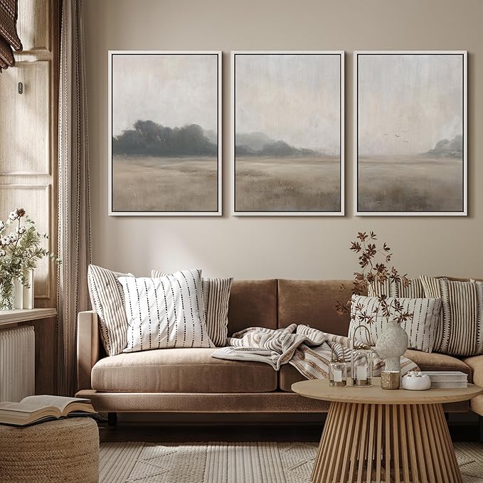 MUDECOR Framed Wall Art Print Set Serene MeadowTranquil Landscape with Foggy Fields and Distant Trees Illustrations Realism Decorative for Living Room, Bedroom, Office - 24"x36"x3 White