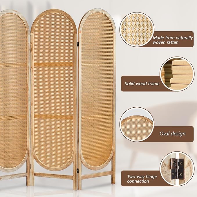 4 Panels Room Dividers Panel, Hand-Woven Rattan Room Divider Wall, Wood Room Divider and Folding Privacy Screens, Freestanding Room Partitions Screen for Home Office Bedroom, Light Brown