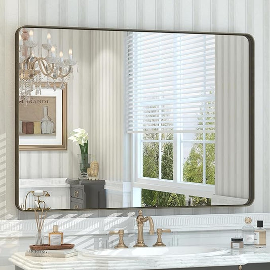 44x30 Bronze Bathroom Mirror, Brushed Metal Bathroom Vanity Mirrors for Wall, Rounded Corner Bronze Rectangle Mirror for Farmhouse, Bedroom, Anti-Rust (Horizontal/Vertical)