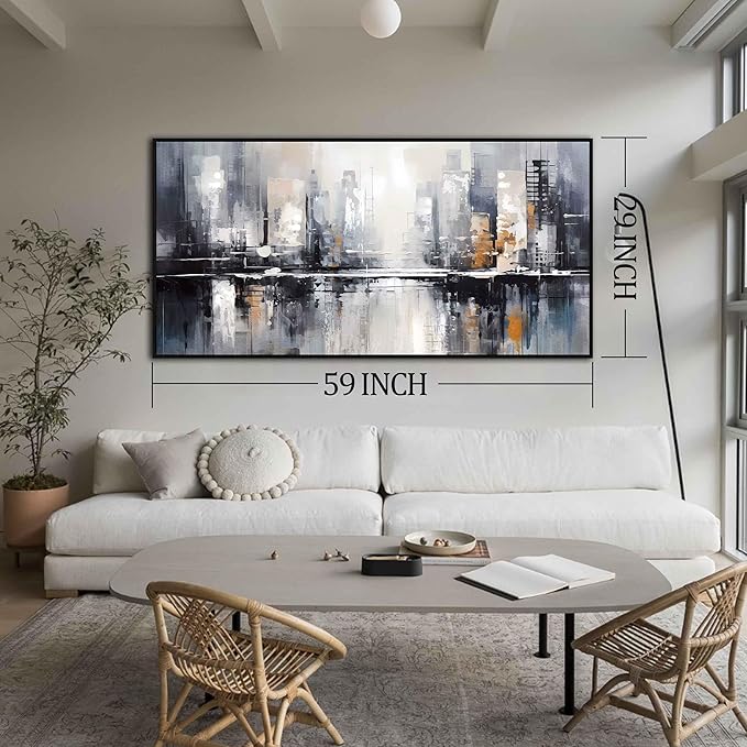 Abstract Wall Art for Living Room, Black White and Gold Wall Decor for Bedroom, Gray City Canvas Print, Large Size 59 x 29 Inches Framed