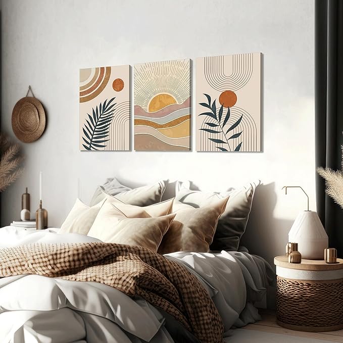 3Pcs Framed Boho Abstract Wall Art Orange Rainbow Sun Desert Minimalist Picture Mid-Century Modern Poster Prints Neutral Botanical Geometric Canvas Painting Wall Decor for Living Room 24L" x 16W"