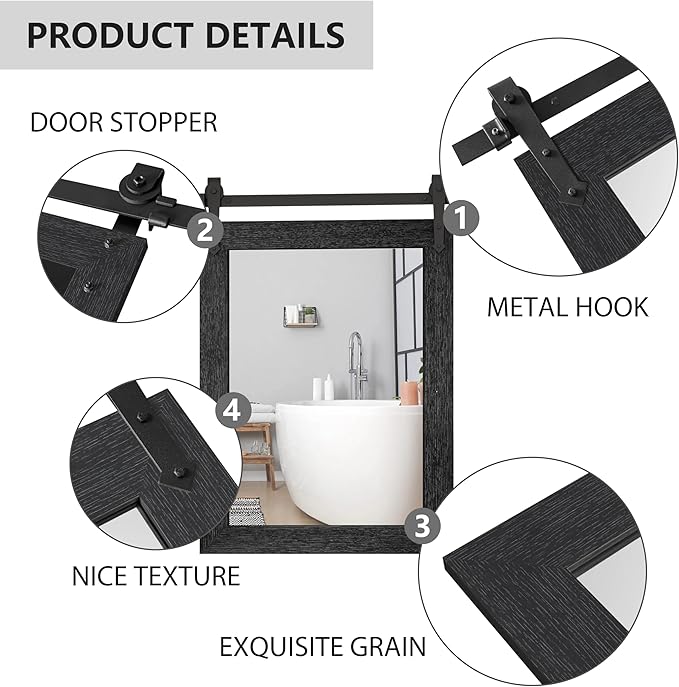 Bathroom Mirror for Over Sink 18”x24” Farmhouse Barn Door Mirror Rustic Wood Framed Wall Mirror for Bathroom, Bedroom, Entryway (Black