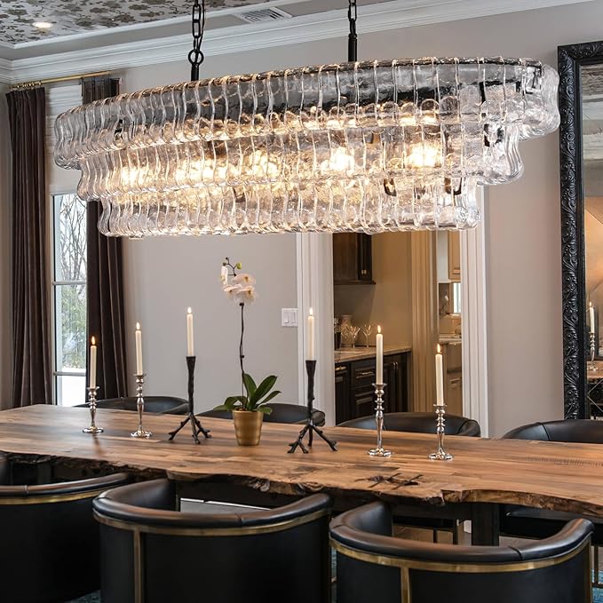 54 Inch Large Rectangular Black Chandelier for Dining Room, Clear Glass Drum Modern Pendant Light Fixture, Extra Long Kitchen Island Lighting