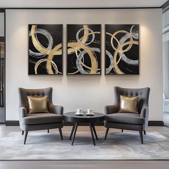 Large Framed Black and Gold Abstract Canvas Wall Art for Living Room, 3 Piece Modern Prints Paintings Artwork for Walls, Gold Silver Abstract Circle for Hallway Dining Office Wall Decor 24x36 Inch