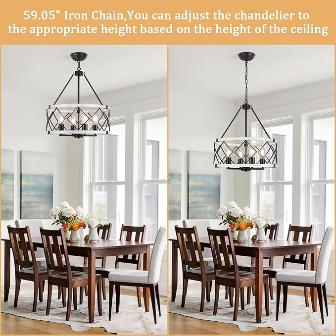 4-light Farmhouse Chandelier for Dining Room 17.7 inch Rustic Drum Chandeliers Adjustable Hanging Pendant Light Fixture for Kitchen Island Entryway Foyer Bedroom Living Room Hallway,Gray & Black,E26
