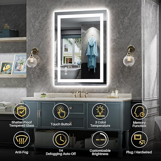 24"x30" LED Bathroom Mirror with Lights, Backlit & Front Lit, Anti-Fog Lighted Bathroom Vanity Mirror for Wall, Memory Function, Dimmable, HD Tempered Glass, Shatter-Proof