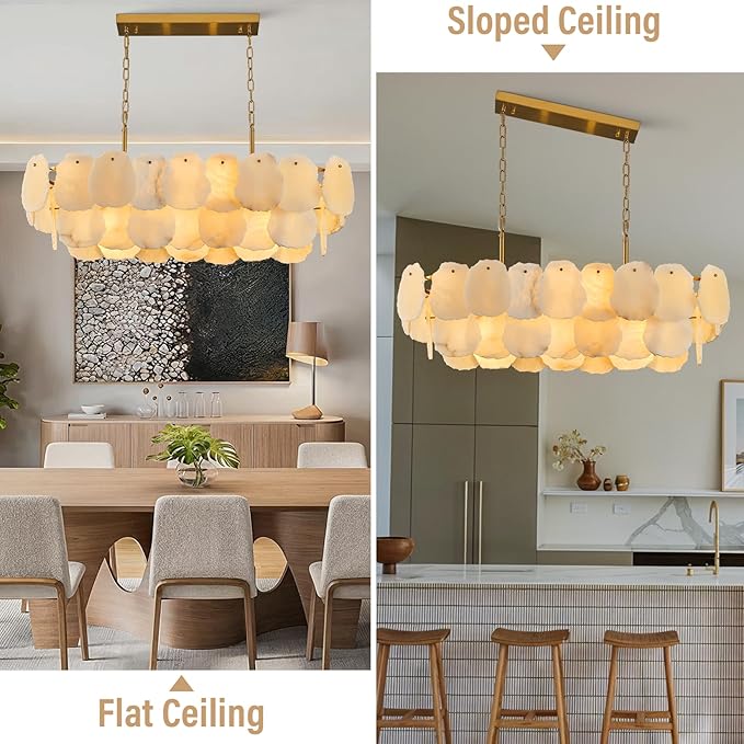 Alabaster Rectangle Chandelier for Dining Room, L39in Modern White Marble Chandeliers, Luxury Natural Spanish Brass Alabaster Chandelier Over Table for Kitchen Island Living Room Dining Table