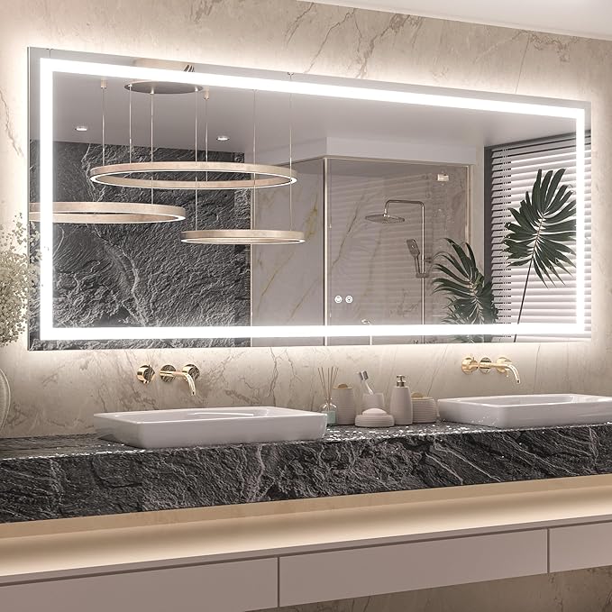Keonjinn LED Bathroom Mirror 72" x 32" with Frontlit & Backlit, Lighted Mirror for Bathroom Wall with Dimmable 3-Color Lights, Large Anti-Fog Mirror, HD Tempered Glass, UL-Listed LED Driver
