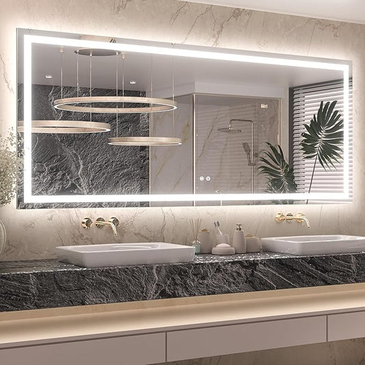 Keonjinn LED Bathroom Mirror 72" x 32" with Frontlit & Backlit, Lighted Mirror for Bathroom Wall with Dimmable 3-Color Lights, Large Anti-Fog Mirror, HD Tempered Glass, UL-Listed LED Driver