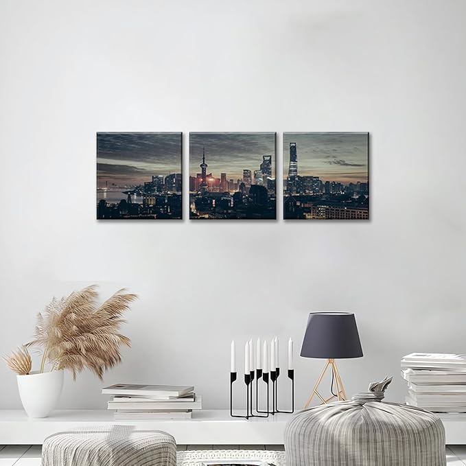 NAN Wind 3Pcs Modern Shanghai Skyline Canvas Wall Art Dusk City Panorama Print Oriental Pearl Tower Night Scene Artwork Living Room Office Decor Black Grey Gold Urban Photography Print on Canvas Decor