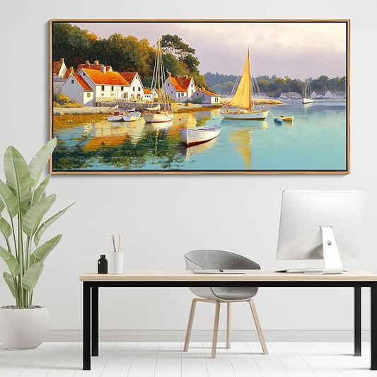 AJAZIKO Coastal Wall Art - Rustic Ocean & boat Canvas Art for Living Room & Bedroom Decor - Framed Landscape Artwork for Walls - Italian Farmhouse & Country Wall Decor Print Pictures29x58IN