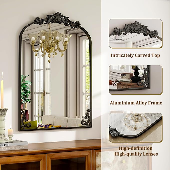 36"x 28" Arched Bathroom Mirror, Wall-Mounted Mirror with Carved Metal Frame & Bottom Art Carved, Vanity Mirror for Home Decor, Hanging Wall Mirror with Baroque Ornate Carved Accents, Vintage Black