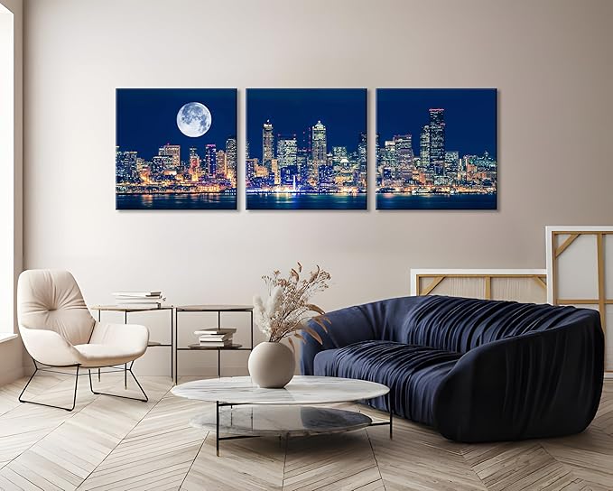 NAN Wind Panoramic Seattle Skyline Night Canvas Art Full Moon Over City Wall Decor 3 Panel Modern Urban Cityscape Print Blue Harbor Illuminated Skyscrapers Living Room Office Bedroom Home Decoration
