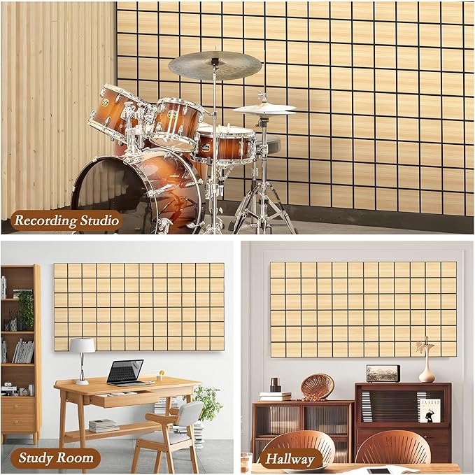 4Pack Acoustic Wall Panel, Self-Adhesive Soundproof Foam Panels for Wall, 3D Perforated Tri-Layer Polyester Fiber Decorative Acoustic Insulation for Recording Studio, Office, Home, 24×12×1.78", Square