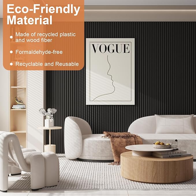 8-Pack WPC Slat Wall Panels, 96 x 6.6 in Decorative Acoustic Slats 3D Wall Panels, Water-Proof and Easy Installation, Black