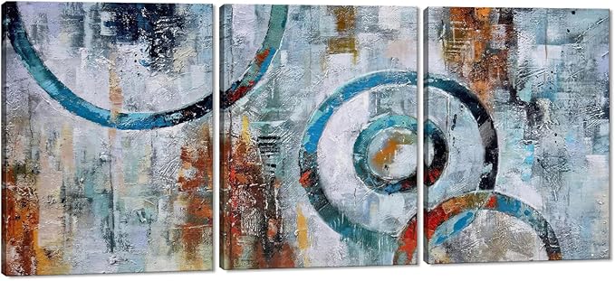 MAMAGO Abstract Wall Art - 3 Panels Geometric Canvas Circle Posters Painting Modern Grey Blue Picture Decor for Living Room Framed Easy to Hang - 12" W x 16" Hx3pcs