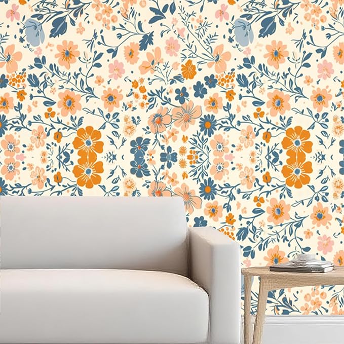 Nuxovilar Orange Grey Floral Mosaic Textured Peel and Stick Wallpaper, 15.75"x39.37", Self-Adhesive Contact Paper, Artistic Tile-Look Pattern for Bedroom, Living Room and Table Decor