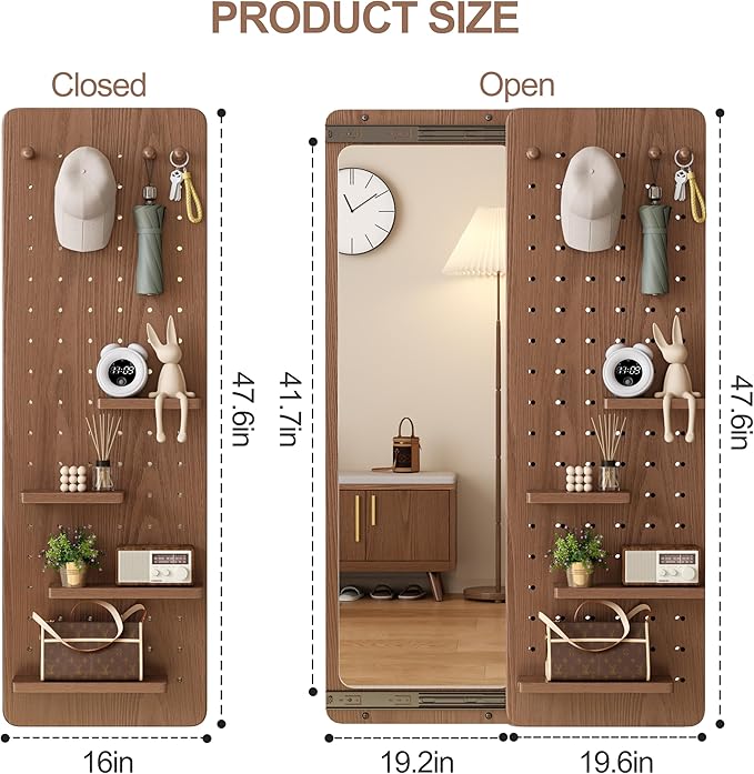 KungFuWood Full Length Mirror with Shelf and Hooks,Entry Way Mirrors for Wall,Wall Mirror with Shelf,Wall Mirror with Storage Multifunctional Design Panel,Living Room