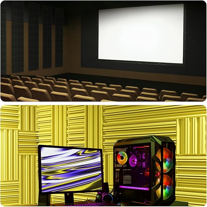 12 Pack Acoustic Foam Panels for Walls, 12" x 12" x 2" Soundproof Wall Panels, Self-Adhesive Soundproofing Padding, High Resilience Sound Absorbing Panels for Home Studios, Offices - Black & Yellow