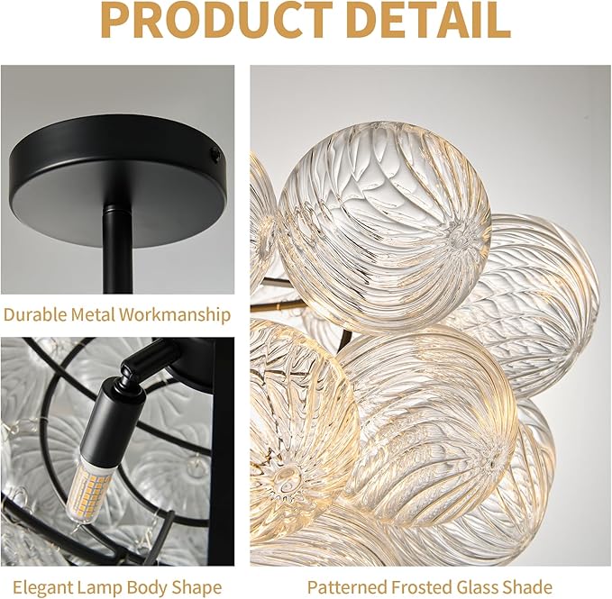 Bubble Ball Semi Flush Mount Ceiling Light Fixture,Dia 20 Inch Bubble Close to Ceiling Light Fixtures,Black Glass Crystal Semi Flush Light Fixture