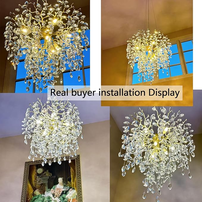 24 inch Crystal Chandelier for Dining Room, Round Gold Tree Branches Chandeliers, Top K9 Crystal Chandelier, Modern Chandeliers for Kitchen,Foyer Entryway,Luxury Adjustable Hanging Chandeliers