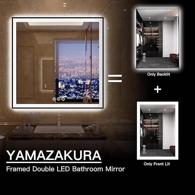 36x36 LED Vanity Mirror for Bathroom - Square Framed Dimmable Illuminated Mirror with Backlit and Front Light, Anti-Fog, Shatterproof, Memory, 3 Colors (Horizontal/Vertical)