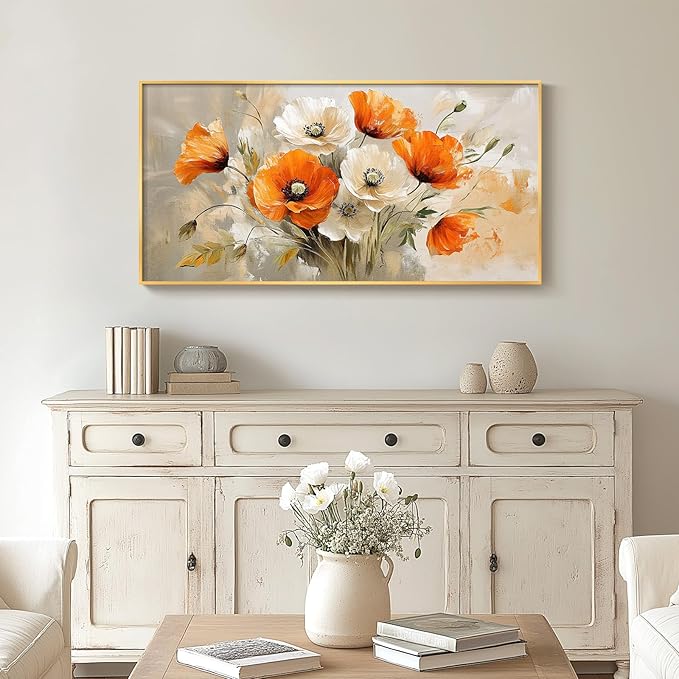 Large Floral Wall Art for Living Room, Gold Framed Orange White Flower Canvas Painting Prints Artwork, Modern Elegant Country Watercolor Flowers Picture for Bedroom Hallway Office Wall Decor, 20x40 In