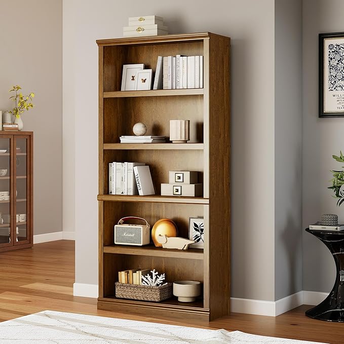 70 in Tall Bookcase, White Bookshelf Open Storage 5-Tier Shelves, 33 inch Wide Floor Standing Indoor Furniture, Book Cases for Home School Library Office Bedroom Kids, Vintage Oak 5 Tiers