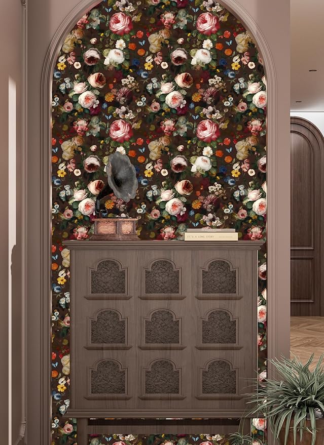 Brown Floral Peel and Stick Wallpaper Boho Leaf Contact Paper Dark Rose Removable Self Adhesive Waterproof Wall Paper for Cabinet Drawers Wall Decor Renter Friendly 17.5''x393''