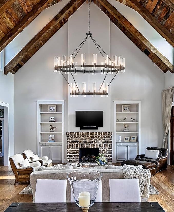 Large Black Chandelier, 30 Light Wagon Wheel Chandelier with Glass Shade,60 Inch Round Industrial High Ceilings Pendant Lighting Fixture for Dining Living Room, Kitchen Island, Foyer