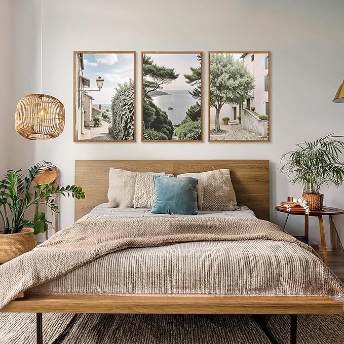 Aurlan Neutral Italy Cityscape Gallery Framed Wall Art(24"x36"), 3PCS Vintage Mediterranean Countryside Landscape Canvas Artwork, Large Town Coast Streets Travel Decor Prints for Office Home