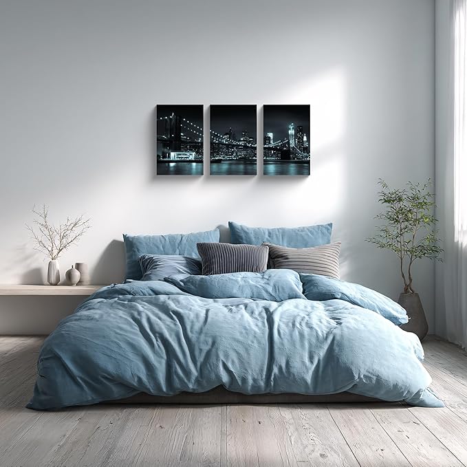 NAN Wind 3 Pcs Wall Art Brooklyn Bridge Black Canvas Art Paintings For Room Decor Manhattan Skyline Cityscape New York Skyscrapers Picture Prints On Canvas For Home Decor Modern Giclee Framed