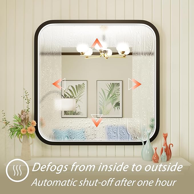 30x30 Inch Black LED Bathroom Mirror, 3000K/4500K/6000K, Framed Lighted Bathroom Vanity Mirror with Lights, Anti-Fog, Stepless Dimmable, Memory, Wall Mounted, Horizontal/Vertical