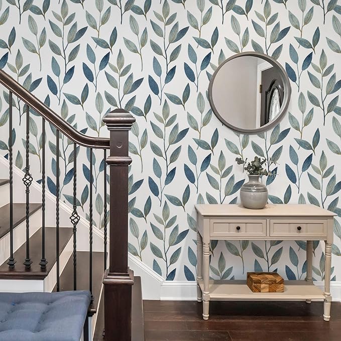 Blue and Gold Leaf Peel and Stick Wallpaper Waterproof Removable Self Adhesive Vinyl Contact Paper for Walls Boho Modern Decor for Bathroom Bedroom or Living Room 17.7"x212.6"