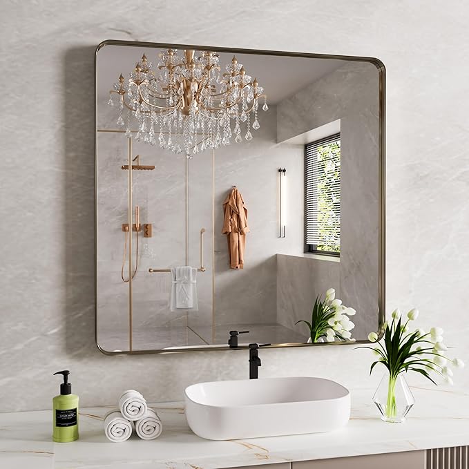 Bronze Bathroom Mirror 36x36 Inch, Brushed Bronze Metal Frame Mirror for Wall, Rounded Rectangle Bathroom Vanity Mirror with Tempered Glass, Anti-Rust, Horizontal/Vertical