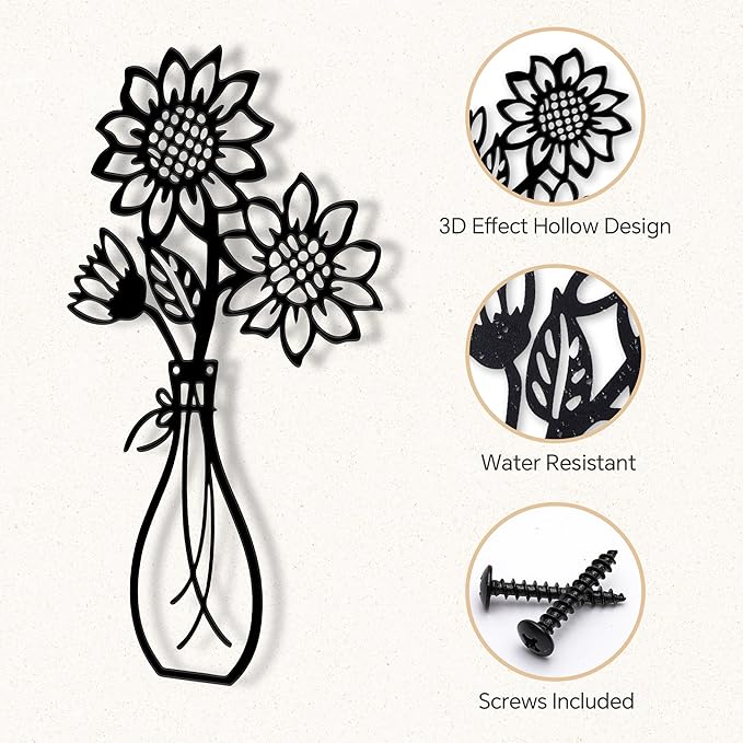 Mcdagogn 3 Pieces Metal Flowers Wall Arts - Rustic Farmhouse Wall Decor, Minimalist Black and White Wall Decor for Living room Bathroom Bedroom Dining Room Kitchen Office - Housewarming Gifts