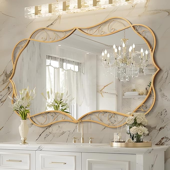 Bathroom Gold Wall Mirror: 30"x48" Antique Large Mirror for Wall - Vertical or Horizontal Hanging - Home Decor for Living Room/Entryway/Fireplace/Hallway