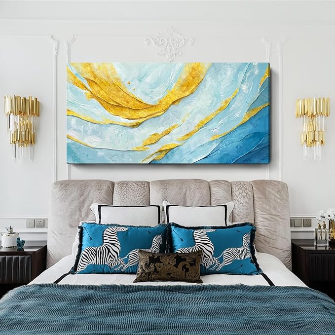 Nicetop Extra Large Abstract Canvas Wall Art for Living Room – Oversized Blue and Yellow Art Print Modern Horizontal Contemporary Artwork Coastal Wall Picture Bedroom Home Office Decor 58x29 Inch