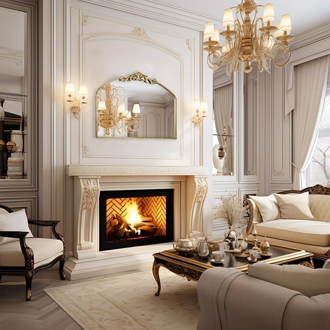 AIXI HOME Vintage Gold Arched Mirror 40"X31", Antique Baroque Mantel Wall Mirror with Ornate Metal Frame for Entryway/Fireplace/Living Room/Hallway/Bathroom/Bedroom