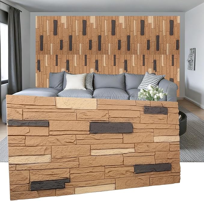 OUZUGIE 4 PCS Faux Stone Wall Panel 47.2’’ x 23.6’’ Interior Exterior Wall Decor 3D PU Panel with Brick Stone Design Light Brown