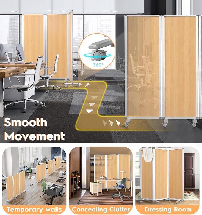 3-Panel Room Partition Mobile Wall Divider Folding Privacy Screen Temporary Room Separator,Natural Wood Grain Print,71" H x 24" W