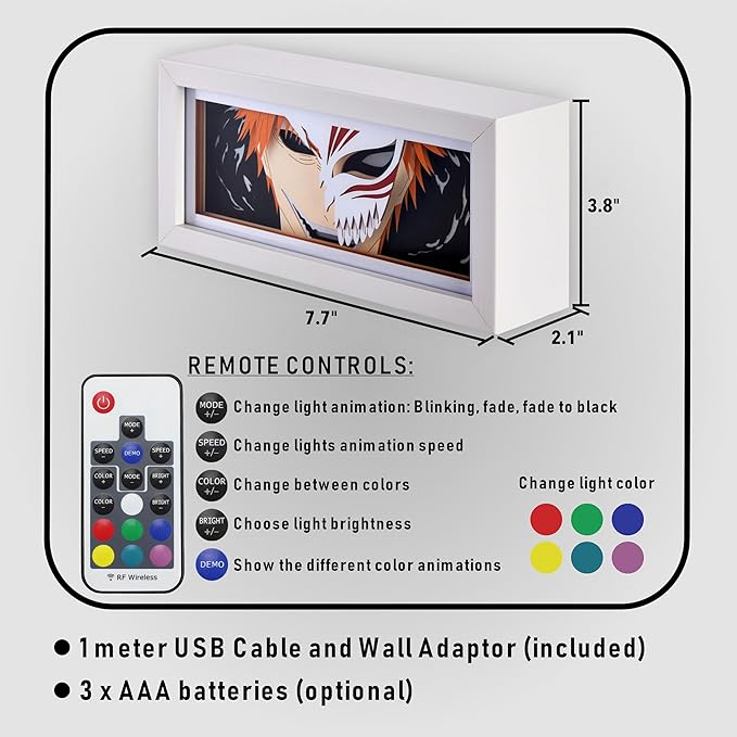 Anime LED Light Box, Manga Shadow Box Frame, Paper Cut, Table Lamp for Anime Enthusiasts, RGB Multi Color, Night Light for Room Decor, Unique Anime Desk Decor (Ichigo)