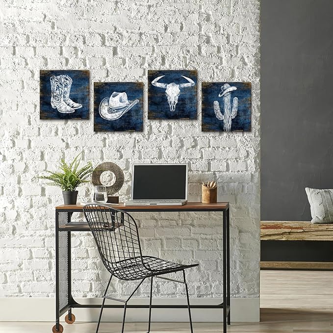 KLVOS Navy Blue Cowboy Wall Art Décor Hat and Boots Painting Cactus Bull Skull Canvas Art Prints Western Picture for Man Cave Room Decor 12x12inchx4 Piece