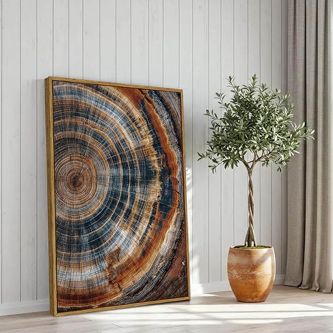 BingruiArt Large Framed Tree Ring Wall Art Wood Canvas Colorful Boho Wall Decor Rustic Artwork Abstract Painting Farmhouse Picture Nature Print for Living Room Bedroom Bathroom 24"x36" Natural Framed(04)