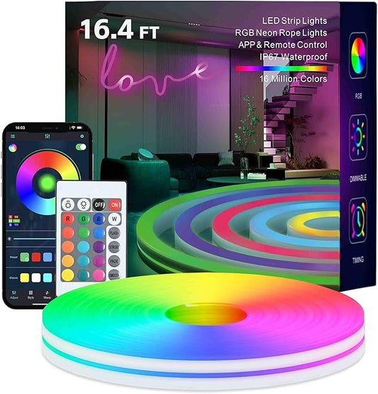 Neon Rope Lights, 33FT RGB LED Strip Lights, App Control, IR Remote, Outdoor IP67 Waterproof, Music Syncing, Flexible DIY Design for Bedroom, Gaming, Party, Christmas Decor