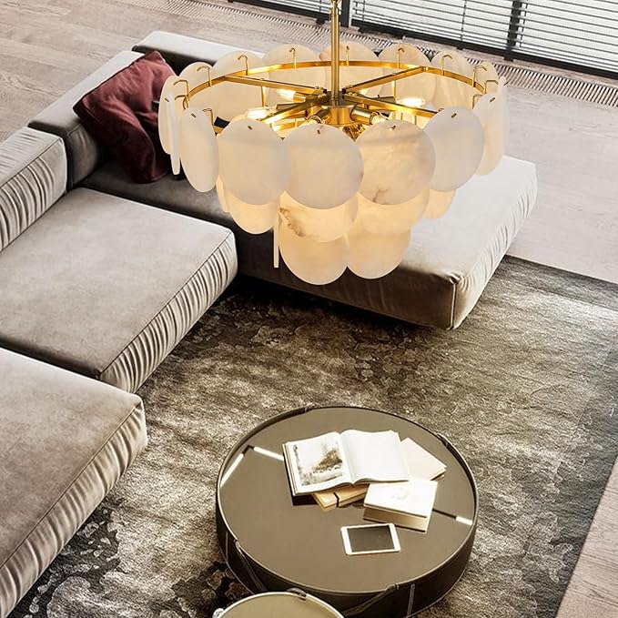Alabaster Round Chandelier, 26" Natural Spanish Marble Stone Texture Chandeliers, 9-Light Dimmable Alabaster Chandelier, Modern Luxury Lighting for Living Room, Bedroom, Hallway