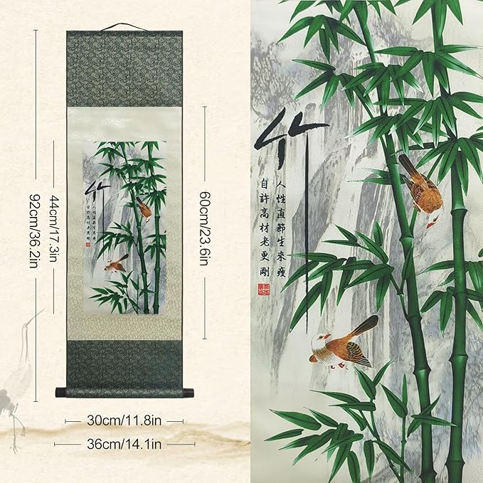 AtfArt Asian Wall Decor Beautiful Silk Scroll Painting 4 Righteous Men Flowers - Plum Orchid Bamboo Chrysanthemum Oriental Decor Chinese Art Wall Scroll Hanging Painting Scroll (Bamboo)