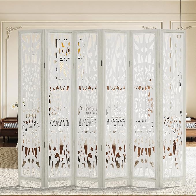 Casaphoria 6 Panels Room Divider, Folding Screen Room Divider with Carved Floral Pattern for Home Office, Restaurant and Bedroom, Paulownia Wood, 95" W x 67" H (White)
