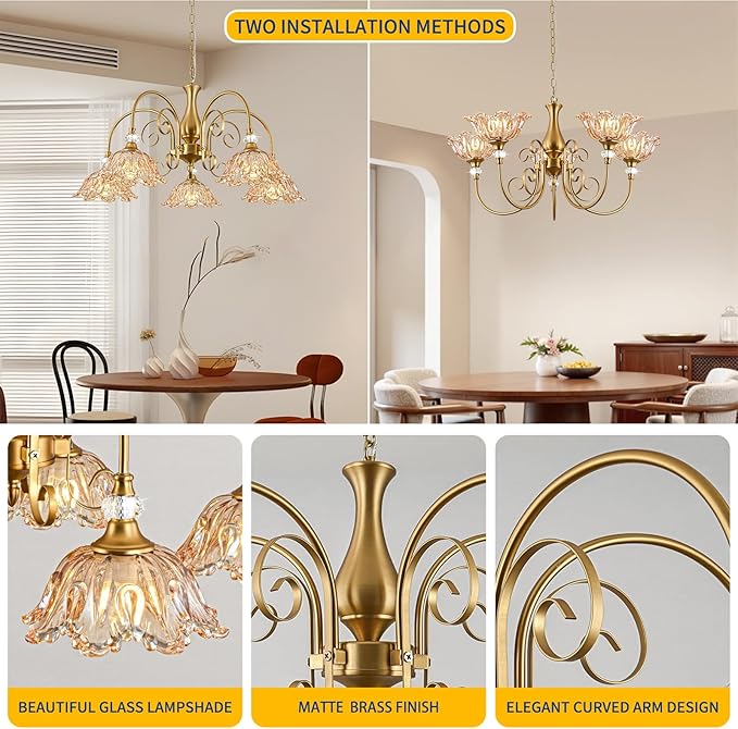 5-Light Vintage Chandeliers in Matte Brass Finish with Amber Glass Shades, Retro Chandelier Light for Dining Room,Hallway,Kitchen